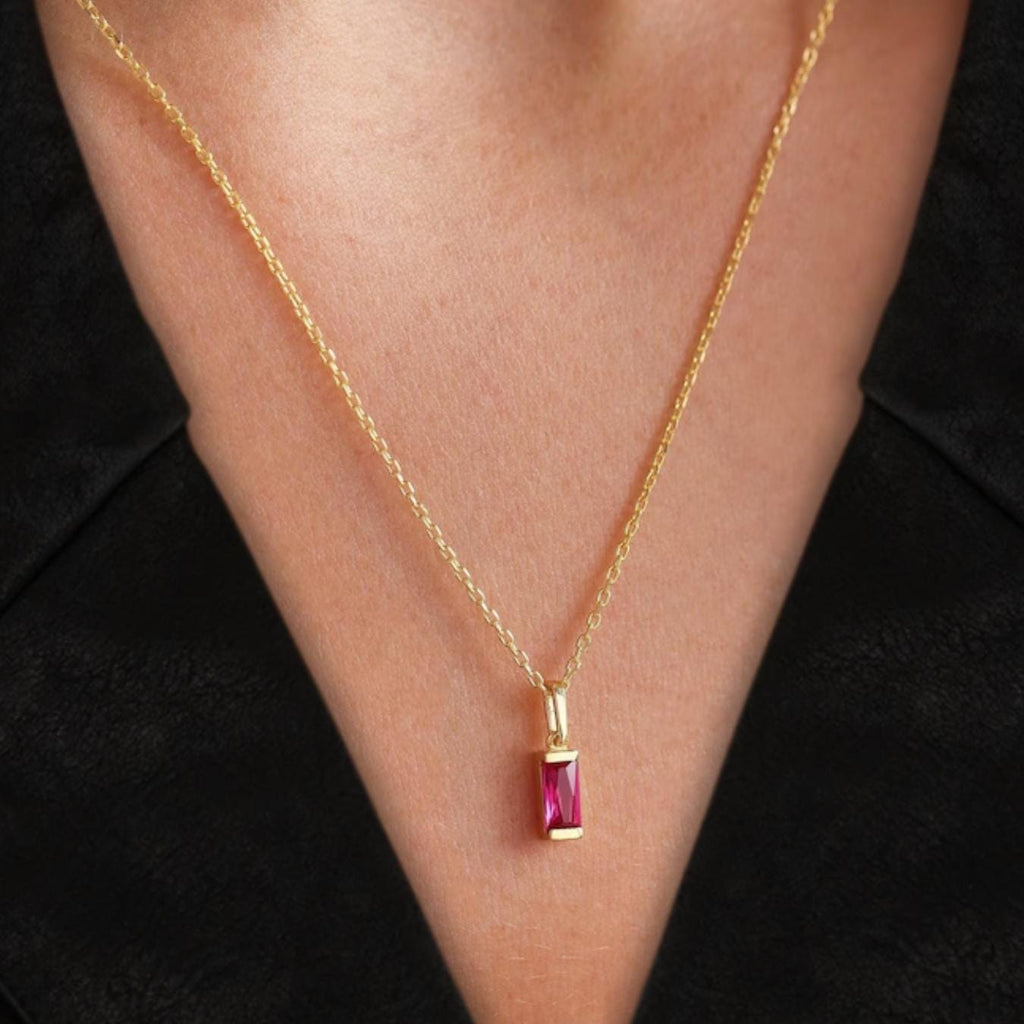 14k Solid Gold Dainty Ruby Baguette Pendant Necklace