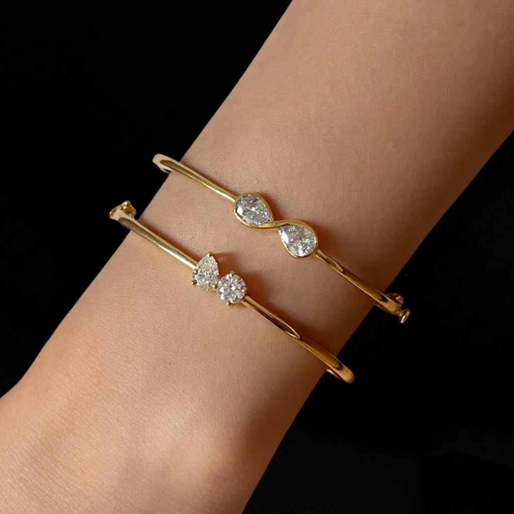 14K Gold Pear & Round Lab Diamond Bangle Bracelet - 1.00 ct