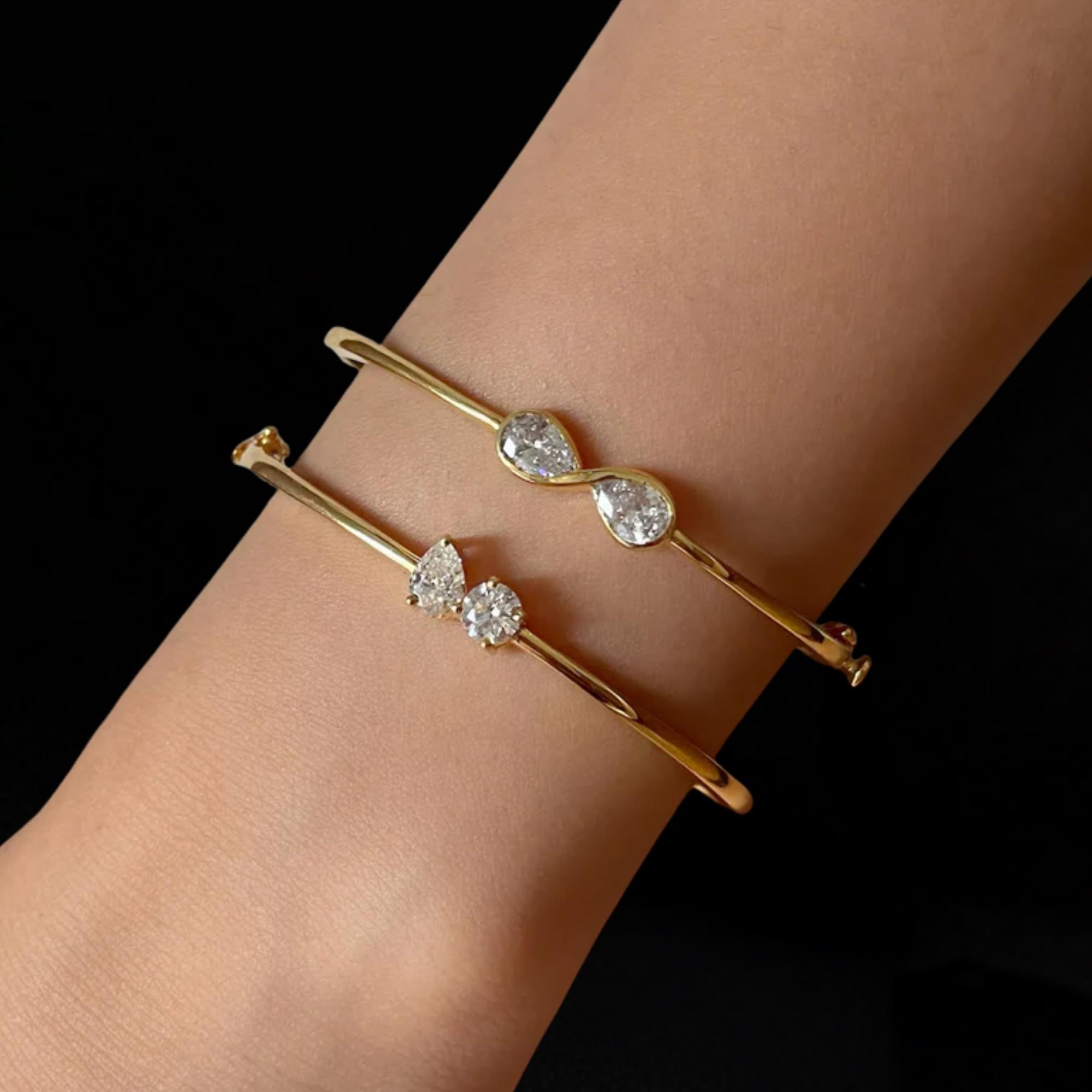 14K Gold Pear & Round Lab Diamond Bangle Bracelet - 1.00 ct