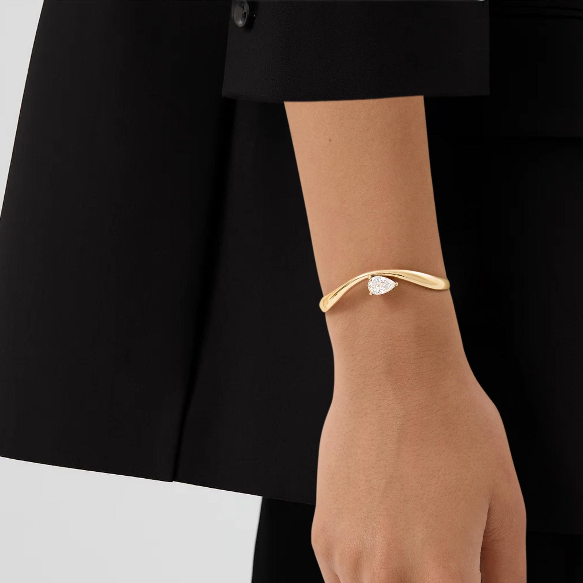 14K Gold Pear Shape Solitaire Lab Grown Diamond Bangle Bracelet, Birthday Gift