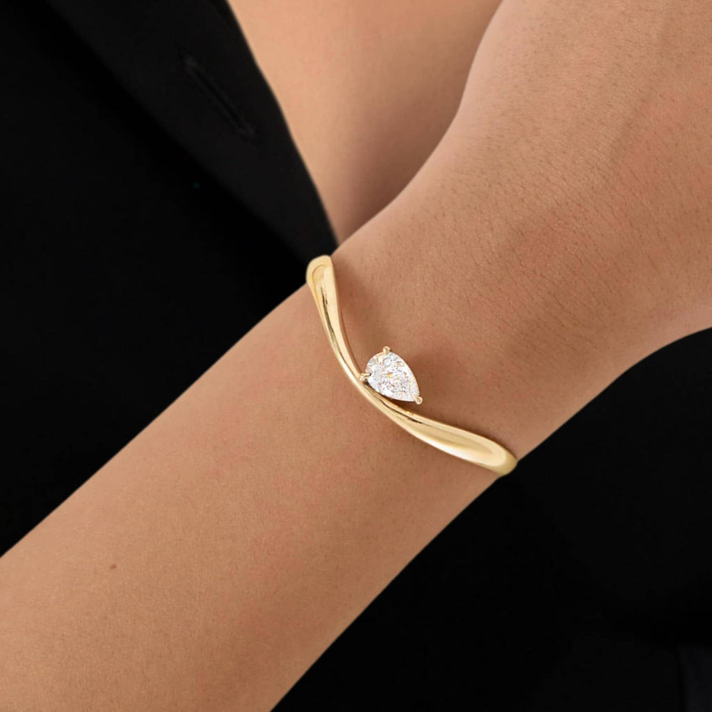 14K Gold Pear Shape Solitaire Lab Grown Diamond Bangle Bracelet, Birthday Gift