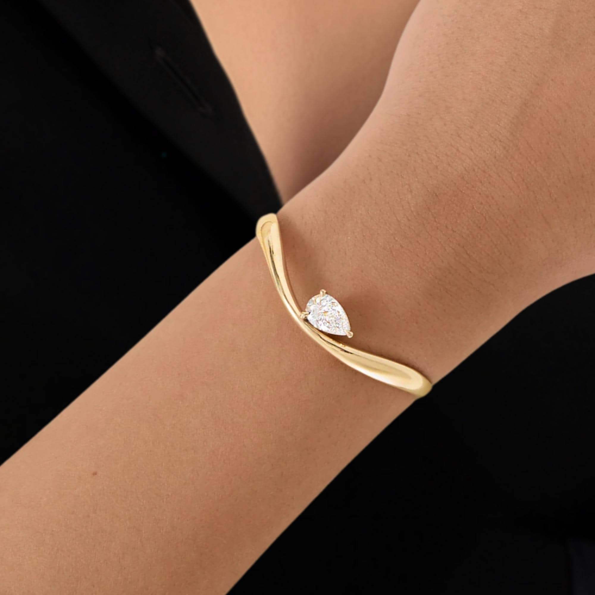 14K Gold Pear Shape Solitaire Lab Grown Diamond Bangle Bracelet, Birthday Gift