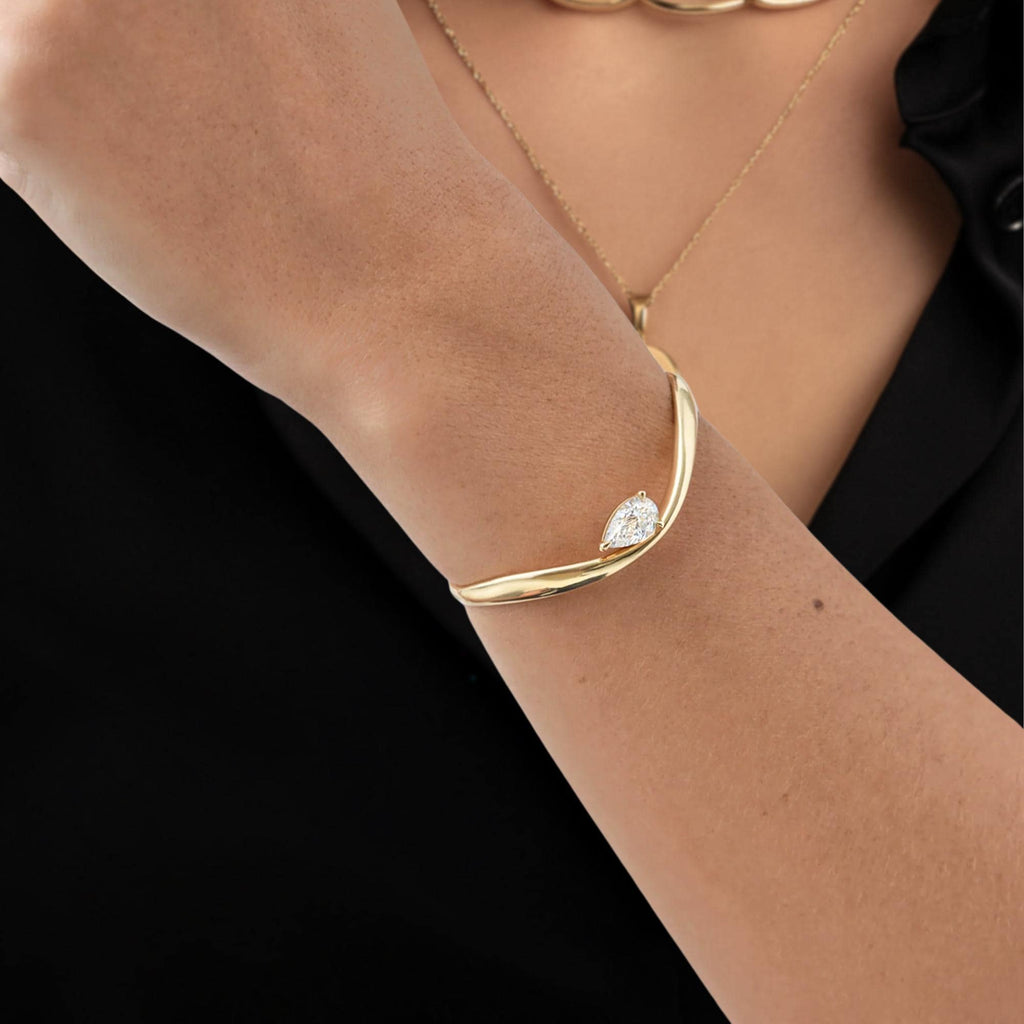 14K Gold Pear Shape Solitaire Lab Grown Diamond Bangle Bracelet, Birthday Gift