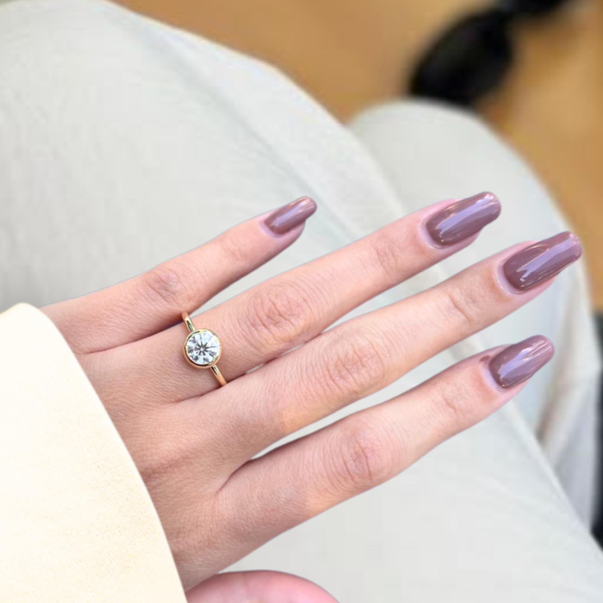 1 Carat 14K Gold Bezel Setting Round Shape Lab Grown Diamond Engagement Ring, Dainty Wedding Ring