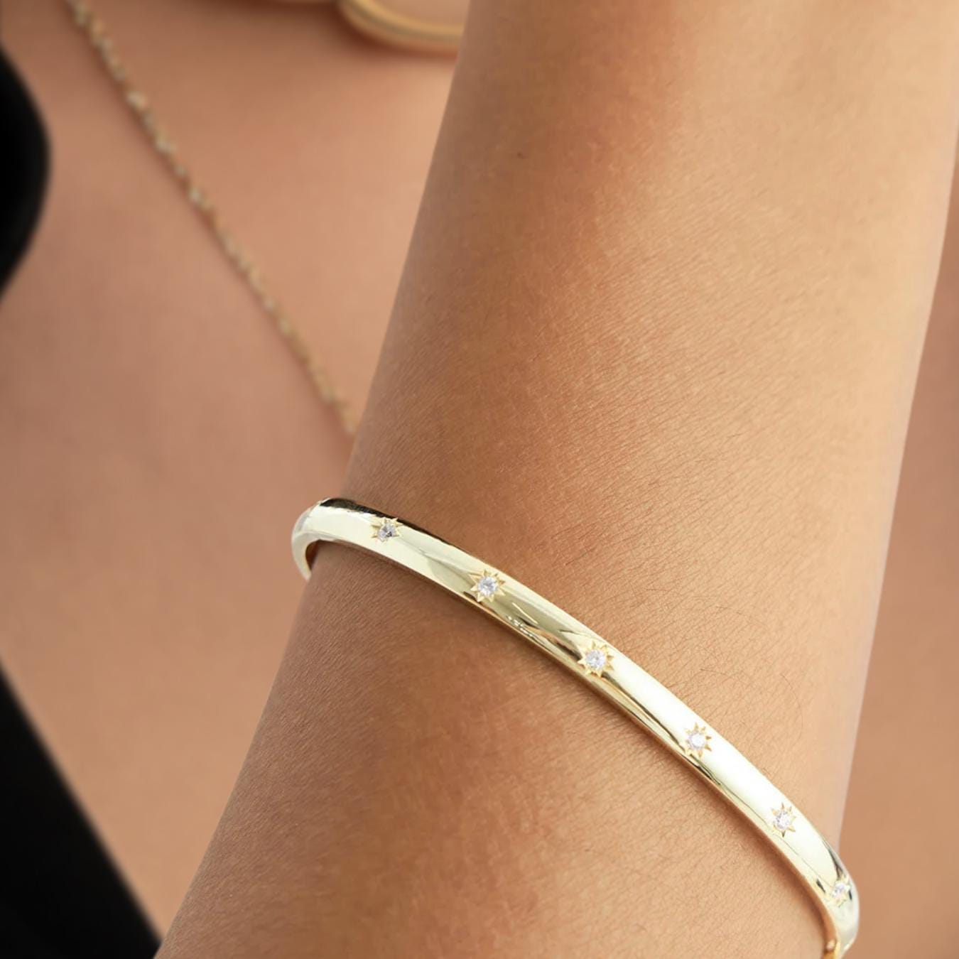 14K Gold Starburst Bangle, Layering Lab Diamond Starburst Bracelet, Gift for Mom