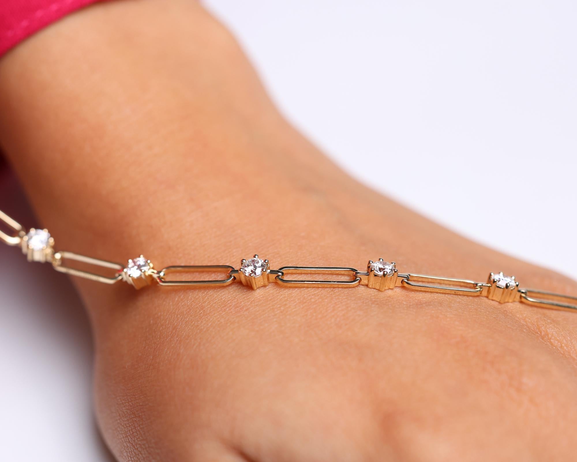 Paperclip Diamond Station Bracelet, Lab Grown Diamond Chain Link Jewelry, 10K & 14K Gold, Elegant Stacking Bracelet for Women