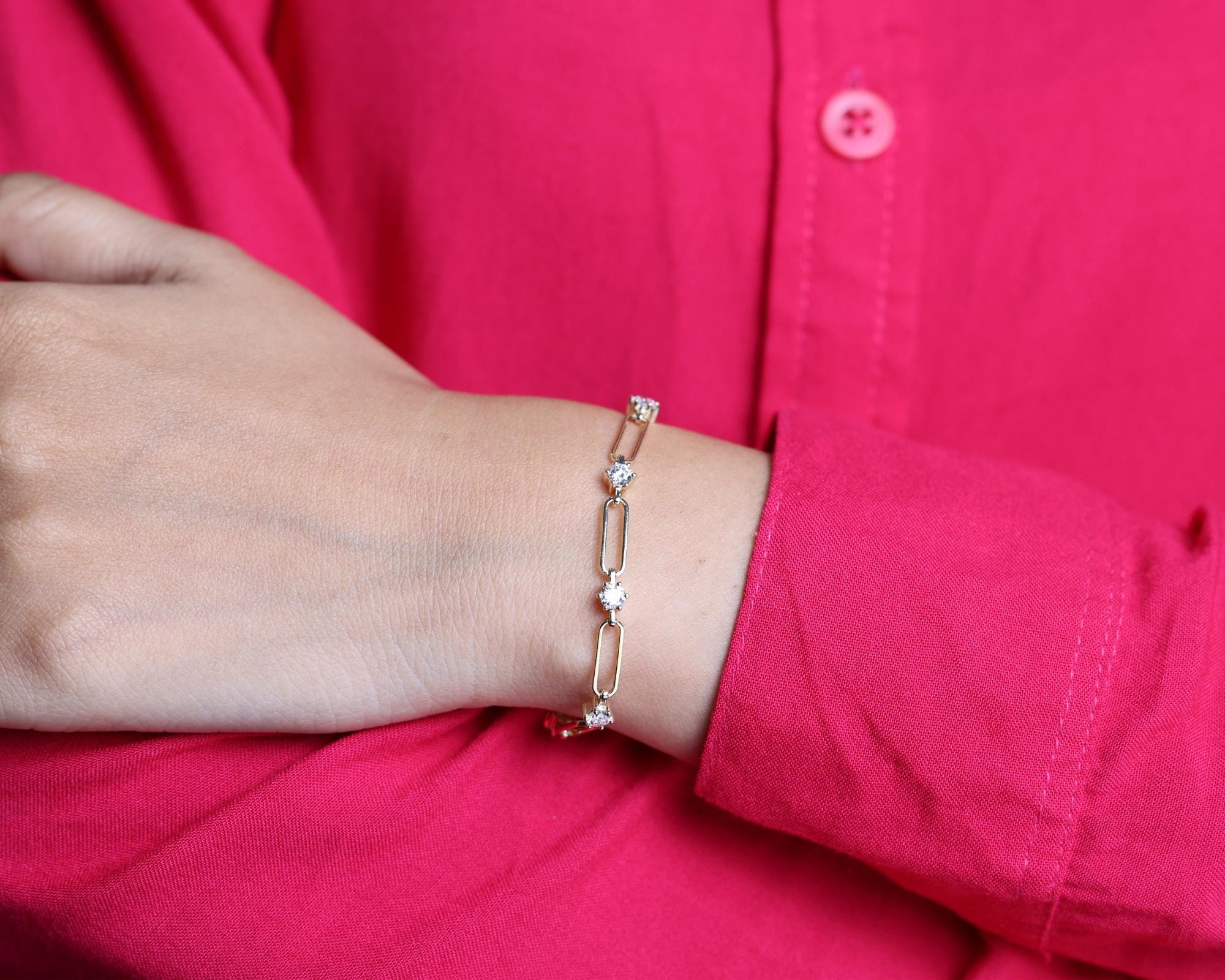 Paperclip Diamond Station Bracelet, Lab Grown Diamond Chain Link Jewelry, 10K & 14K Gold, Elegant Stacking Bracelet for Women