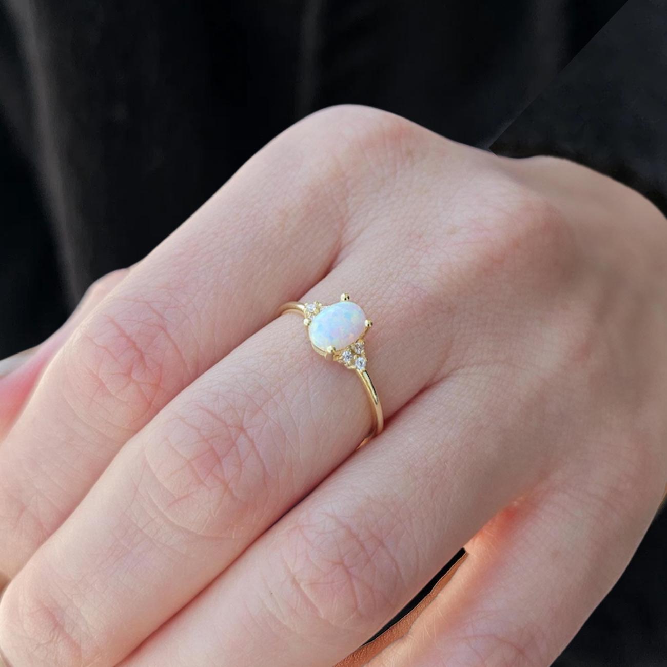 14K Gold Oval Opal Solitaire Diamond Ring, Dainty Engagement Ring For Women,October Birthstone