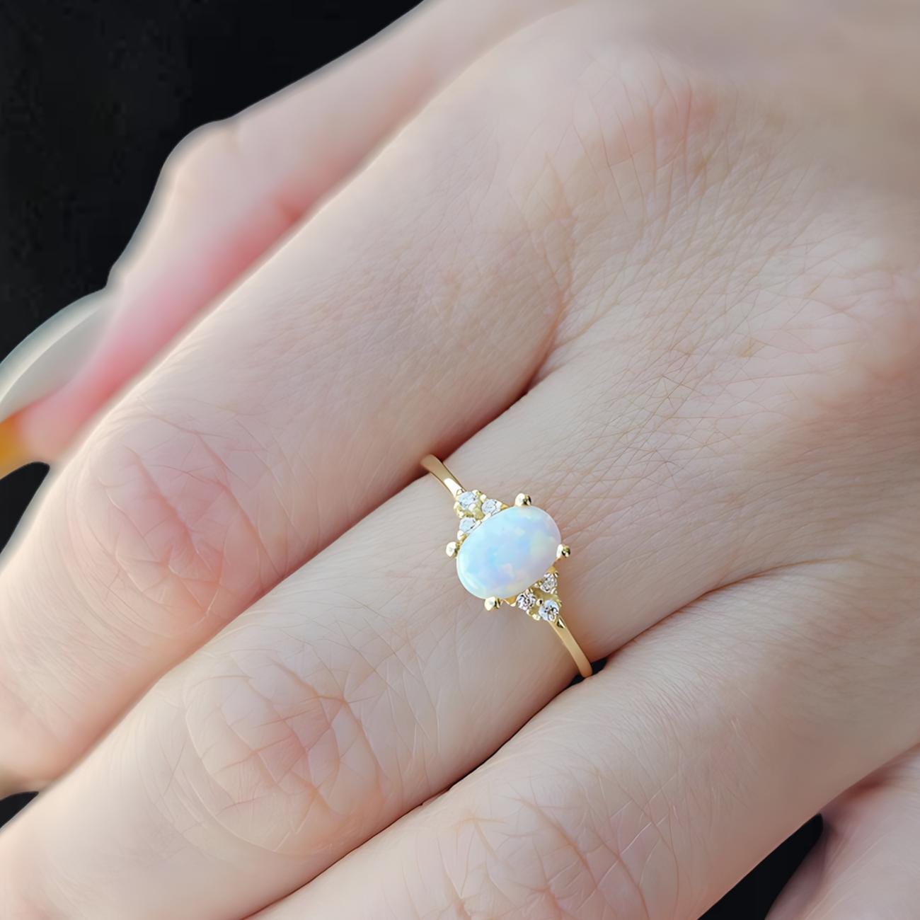 14K Gold Oval Opal Solitaire Diamond Ring, Dainty Engagement Ring For Women,October Birthstone