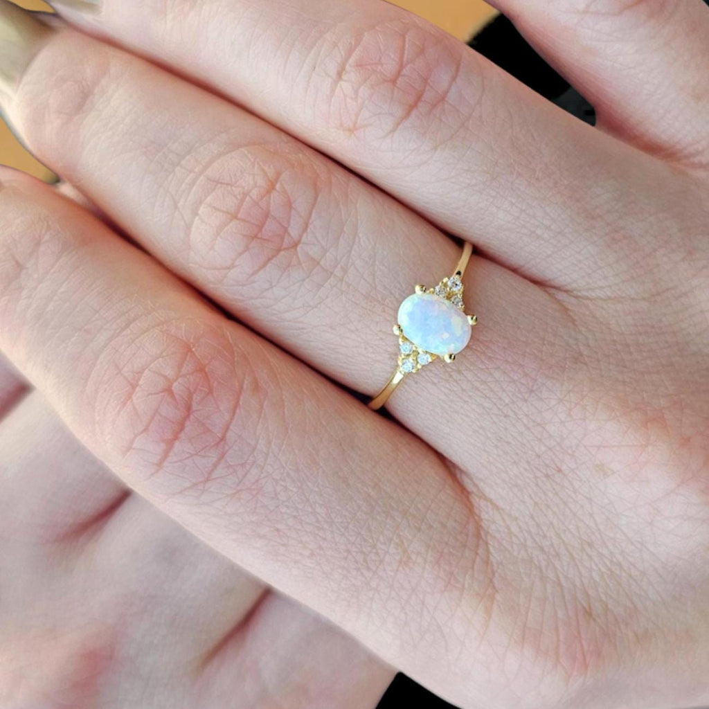 14K Gold Oval Opal Solitaire Diamond Ring, Dainty Engagement Ring For Women,October Birthstone