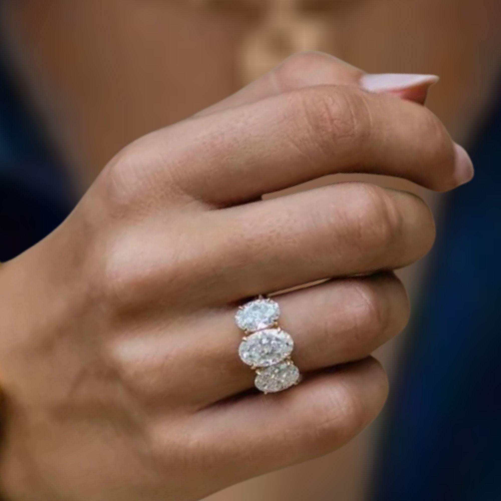 Three Stone Oval Lab Grown Diamond Engagement Ring in 14K Solid Gold