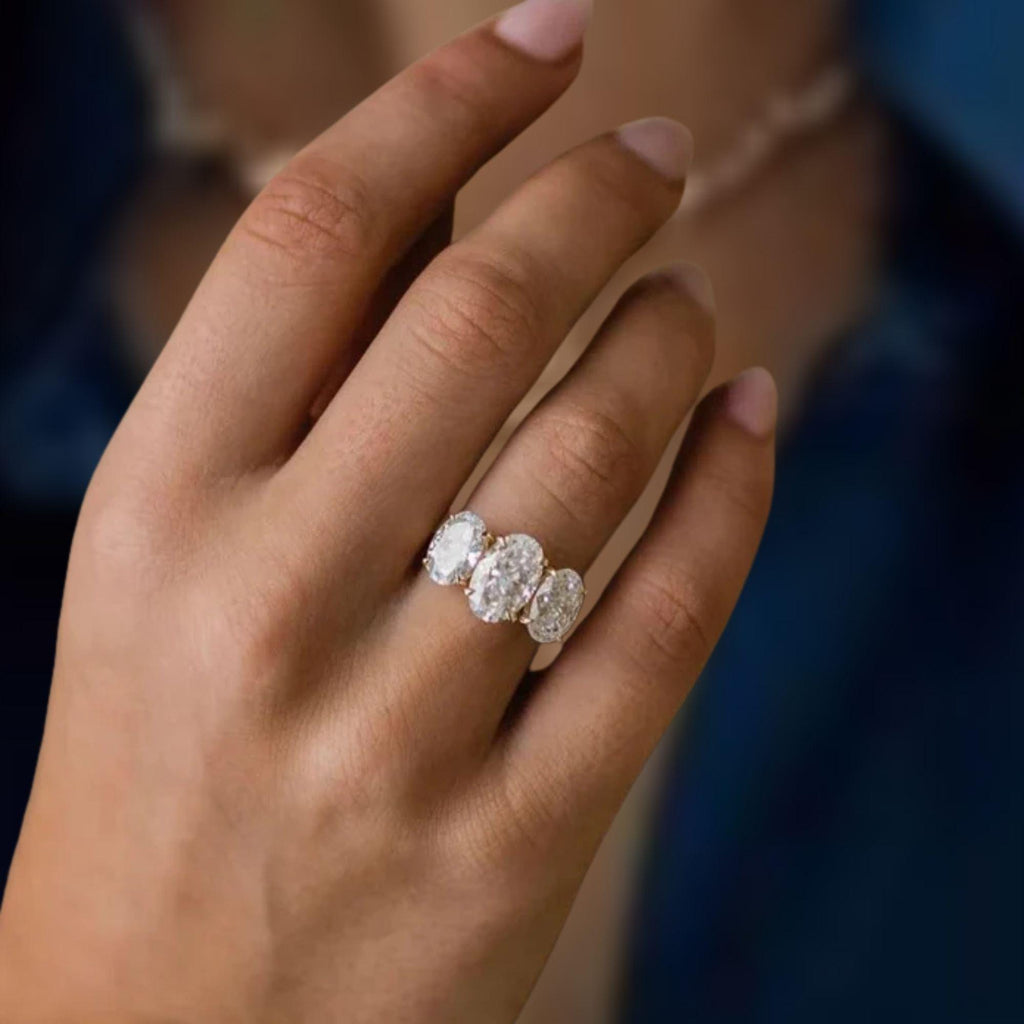 Three Stone Oval Lab Grown Diamond Engagement Ring in 14K Solid Gold