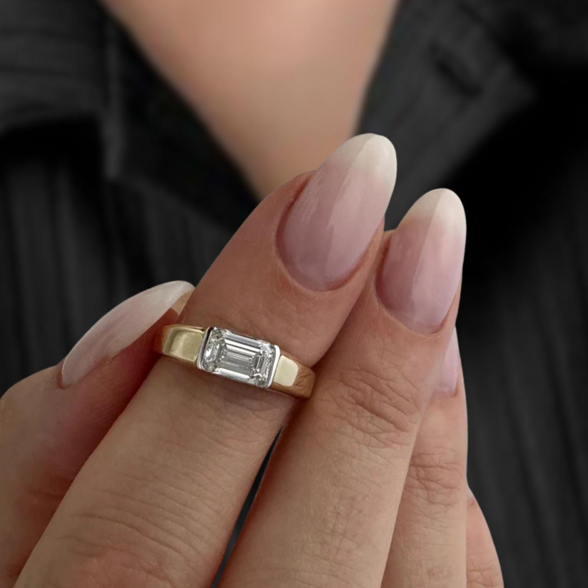 1 Carat Emerald Cut Lab Grown Diamond Half Bezel Engagement Ring / Low Set Unique Solitaire Ring / Two Tone Yellow & White Gold