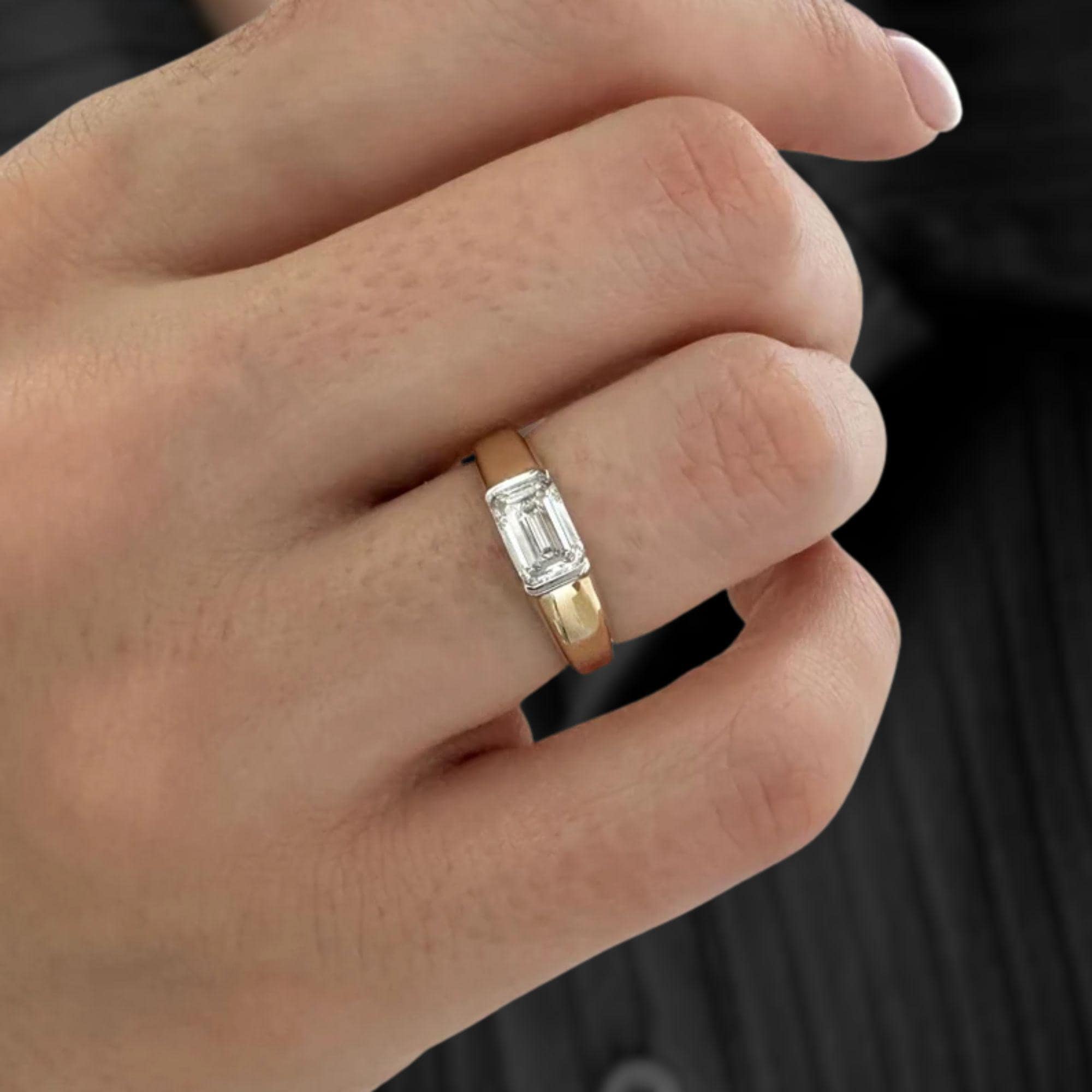 1 Carat Emerald Cut Lab Grown Diamond Half Bezel Engagement Ring / Low Set Unique Solitaire Ring / Two Tone Yellow & White Gold
