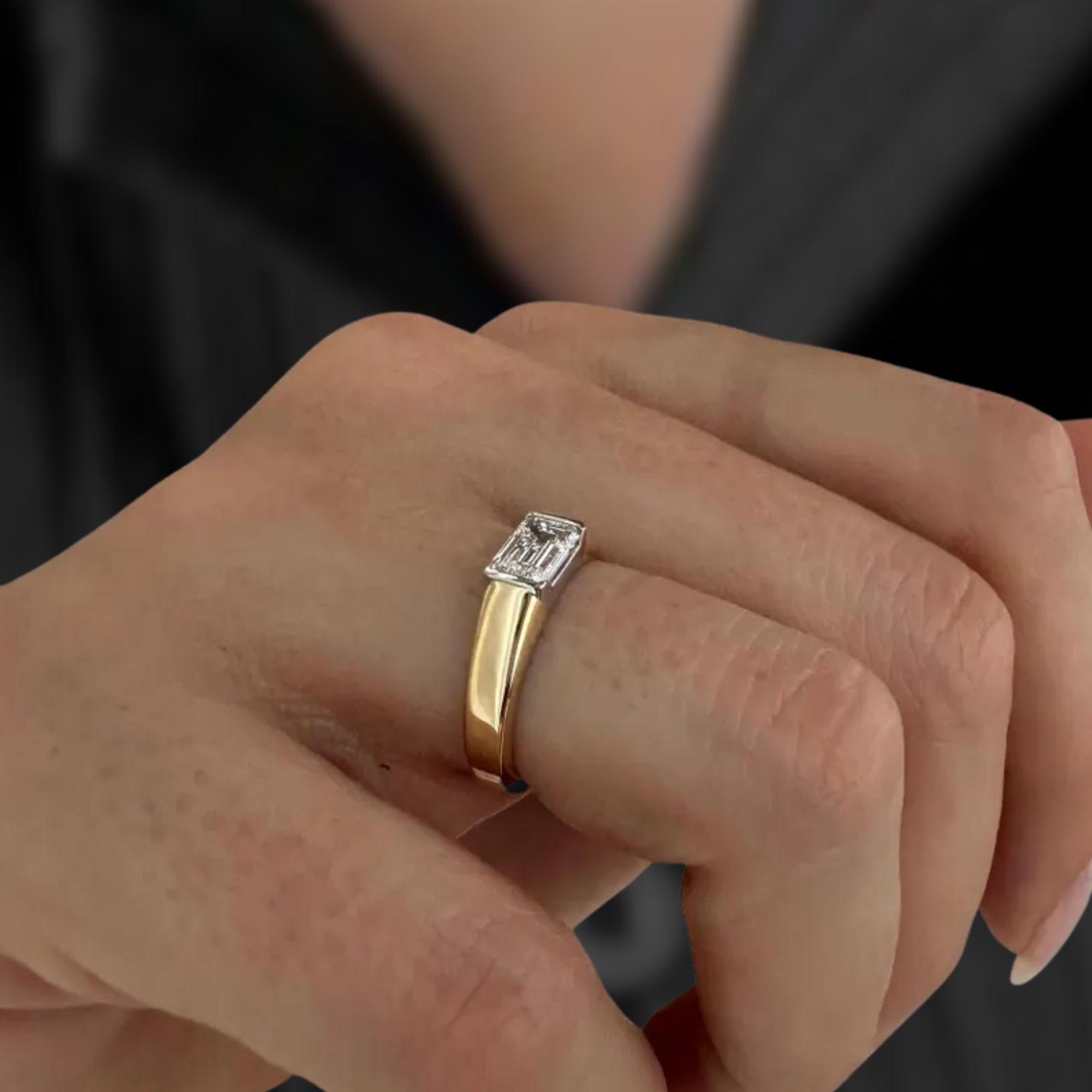 1 Carat Emerald Cut Lab Grown Diamond Half Bezel Engagement Ring / Low Set Unique Solitaire Ring / Two Tone Yellow & White Gold