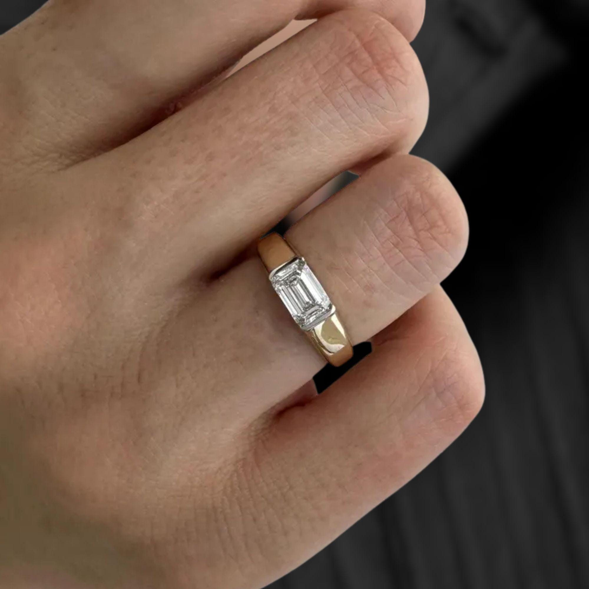 1 Carat Emerald Cut Lab Grown Diamond Half Bezel Engagement Ring / Low Set Unique Solitaire Ring / Two Tone Yellow & White Gold