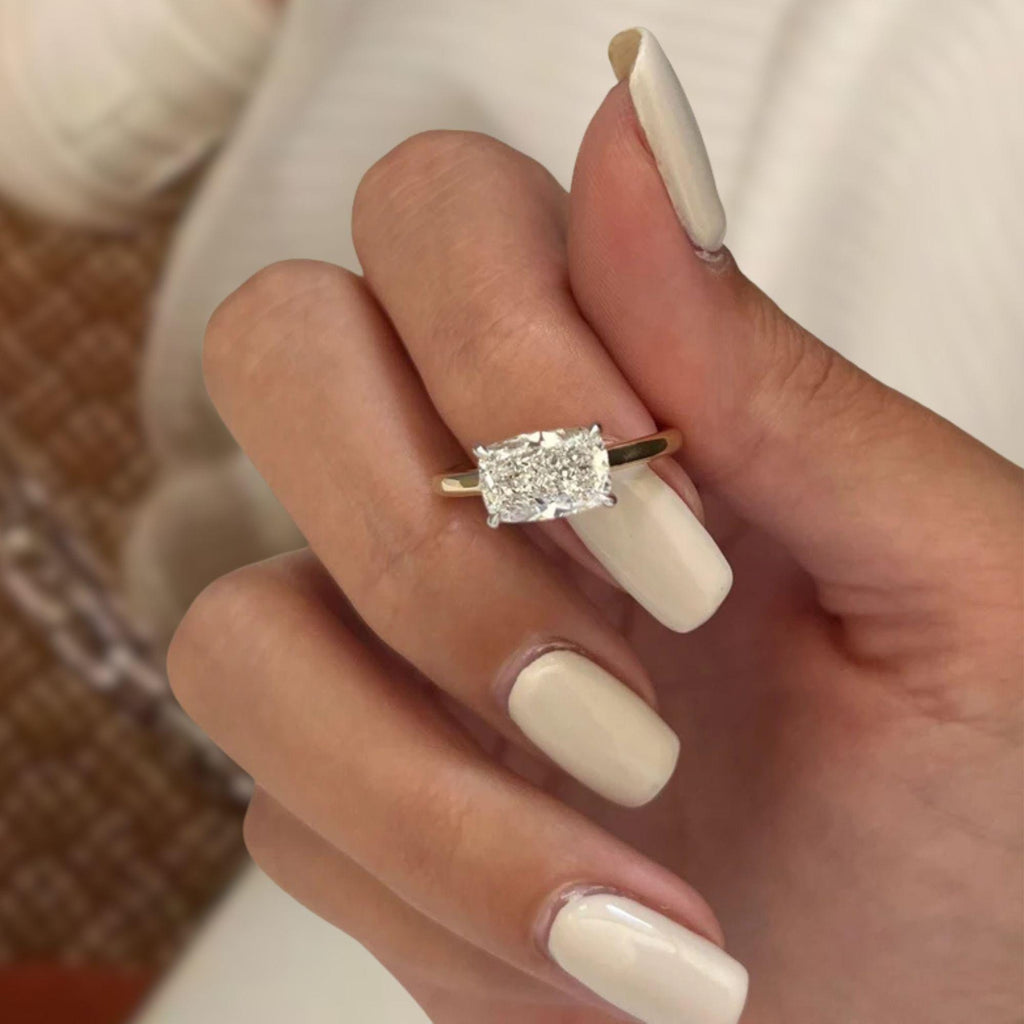 2 CT Elongated Cushion East West Engagement Ring / Cushion Lab Grown Diamond / Solitaire Two Tone Ring