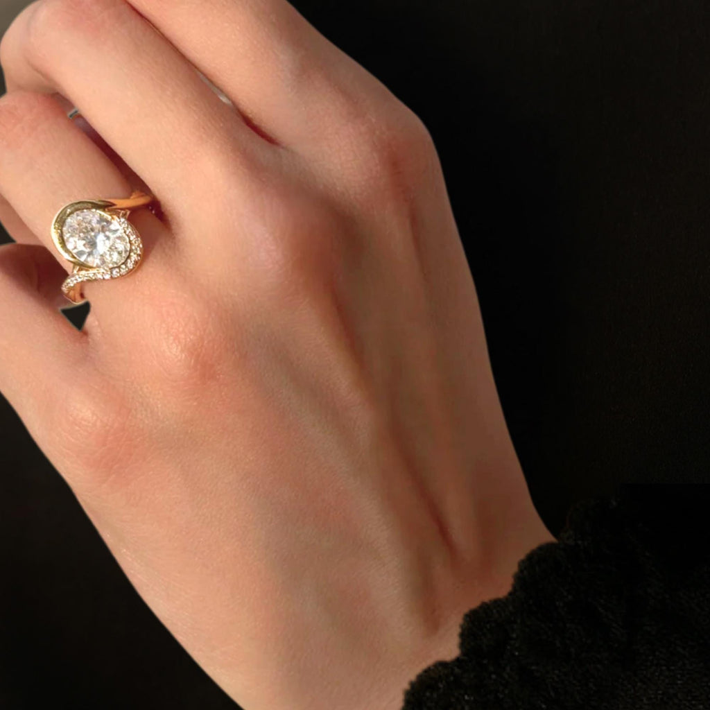 2 Carat Oval Lab Grown Diamond Curved Oval Wave Halo Engagement Ring | 14K Gold Nesting Diamond Proposal Ring