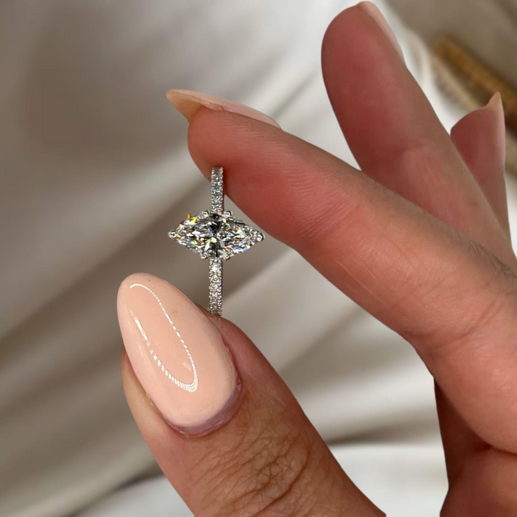 1.25 carat Marquise Cut Lab Grown Diamond Solitaire Hidden Halo Engagement Ring 14K White Gold Ring