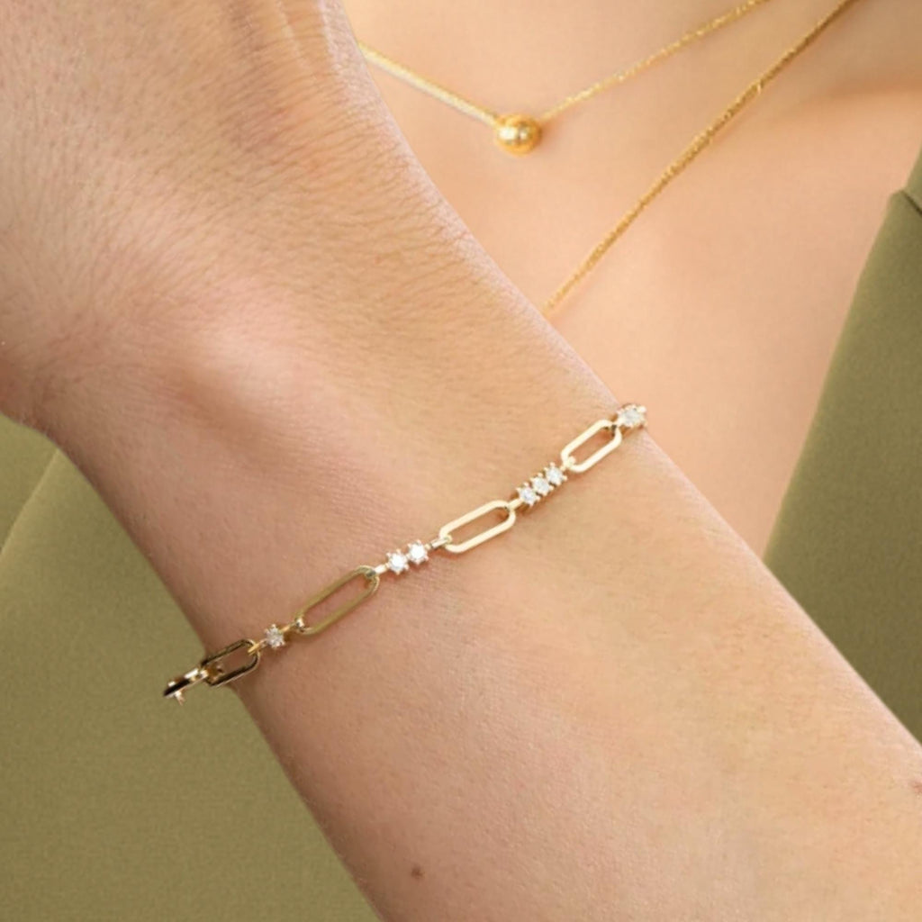14K Gold Paperclip Diamond Bracelet | Lab Grown Diamond Paperclip Stacking Bracelet