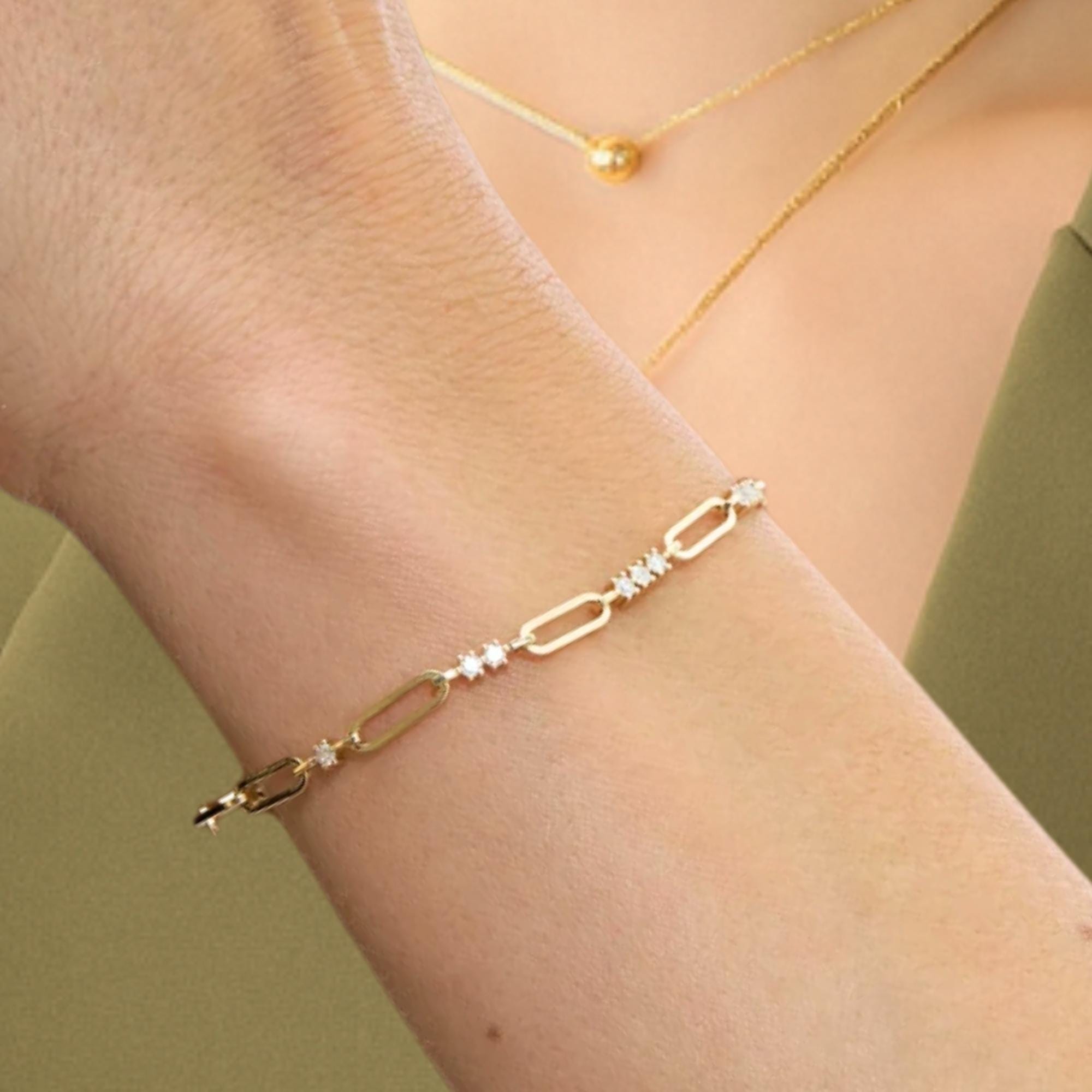 14K Gold Paperclip Diamond Bracelet | Lab Grown Diamond Paperclip Stacking Bracelet