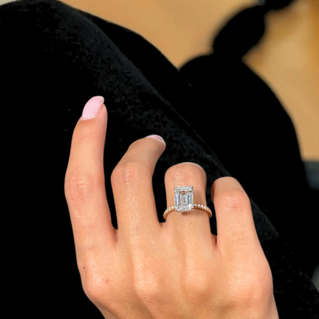 Emerald Cut Hidden Halo Diamond Engagement Ring, F/VS1 Lab Created Diamond, 14K Gold Proposal Ring for Women