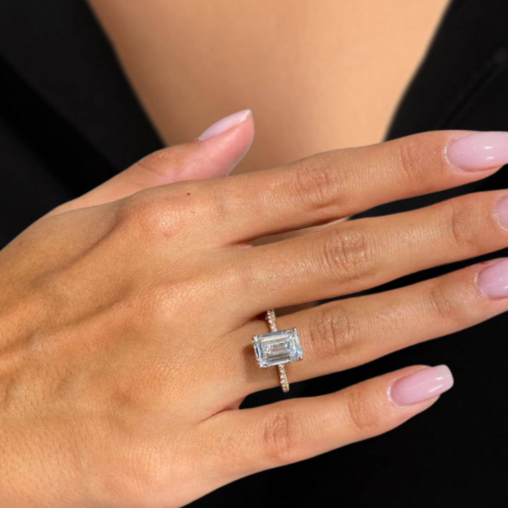 Emerald Cut Hidden Halo Diamond Engagement Ring, F/VS1 Lab Created Diamond, 14K Gold Proposal Ring for Women