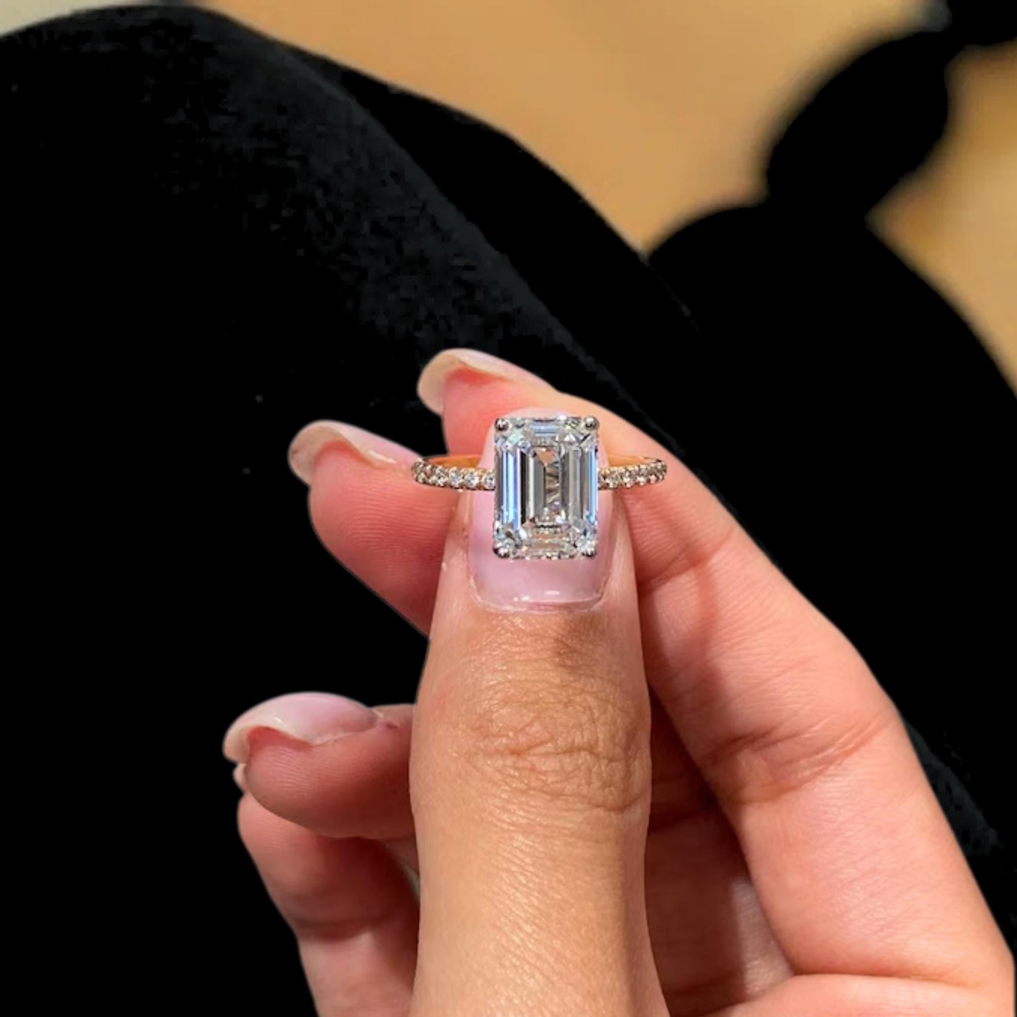 Emerald Cut Hidden Halo Diamond Engagement Ring, F/VS1 Lab Created Diamond, 14K Gold Proposal Ring for Women