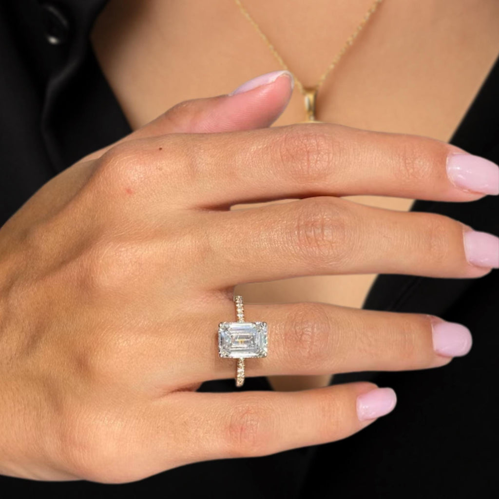 Emerald Cut Hidden Halo Diamond Engagement Ring, F/VS1 Lab Created Diamond, 14K Gold Proposal Ring for Women