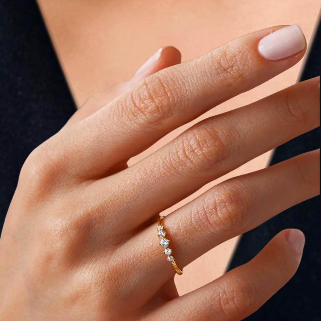 14K Minimalist Lab Grown Ring | Solid Gold 5 Stone Lab Grown Ring