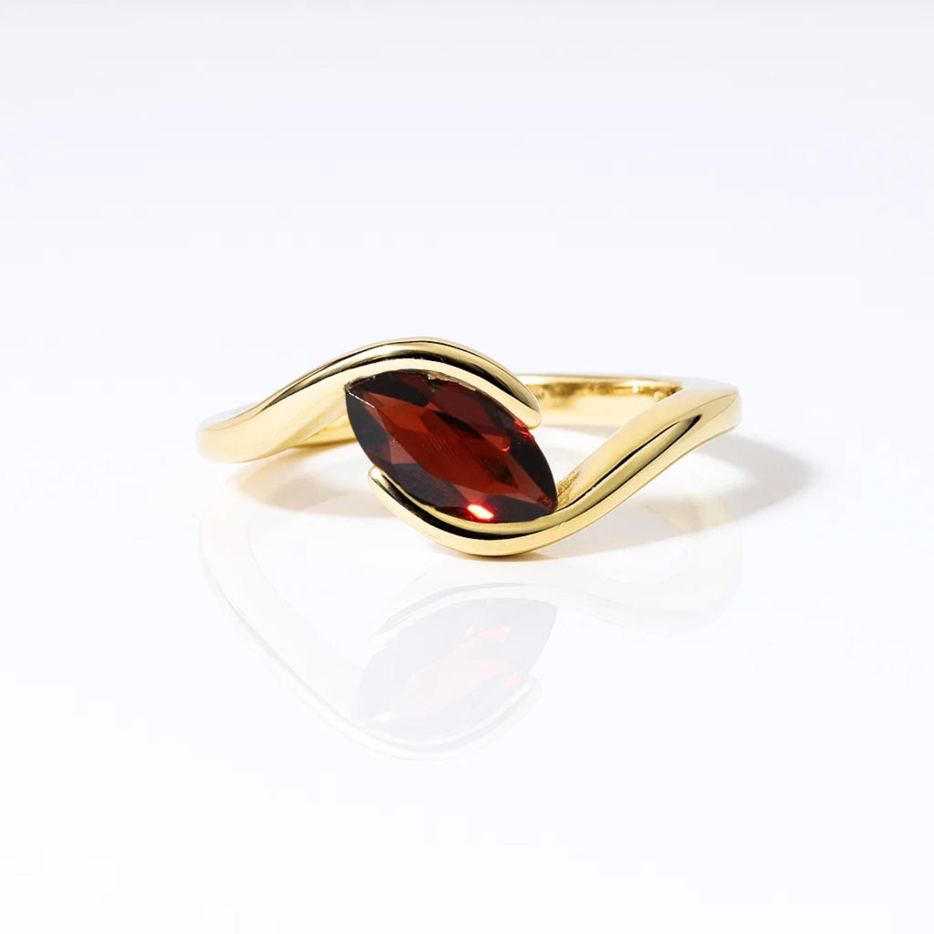 Marquise Cut Red Garnet Engagement Ring, Solitaire Bypass Anniversary Band, 14K Solid Gold