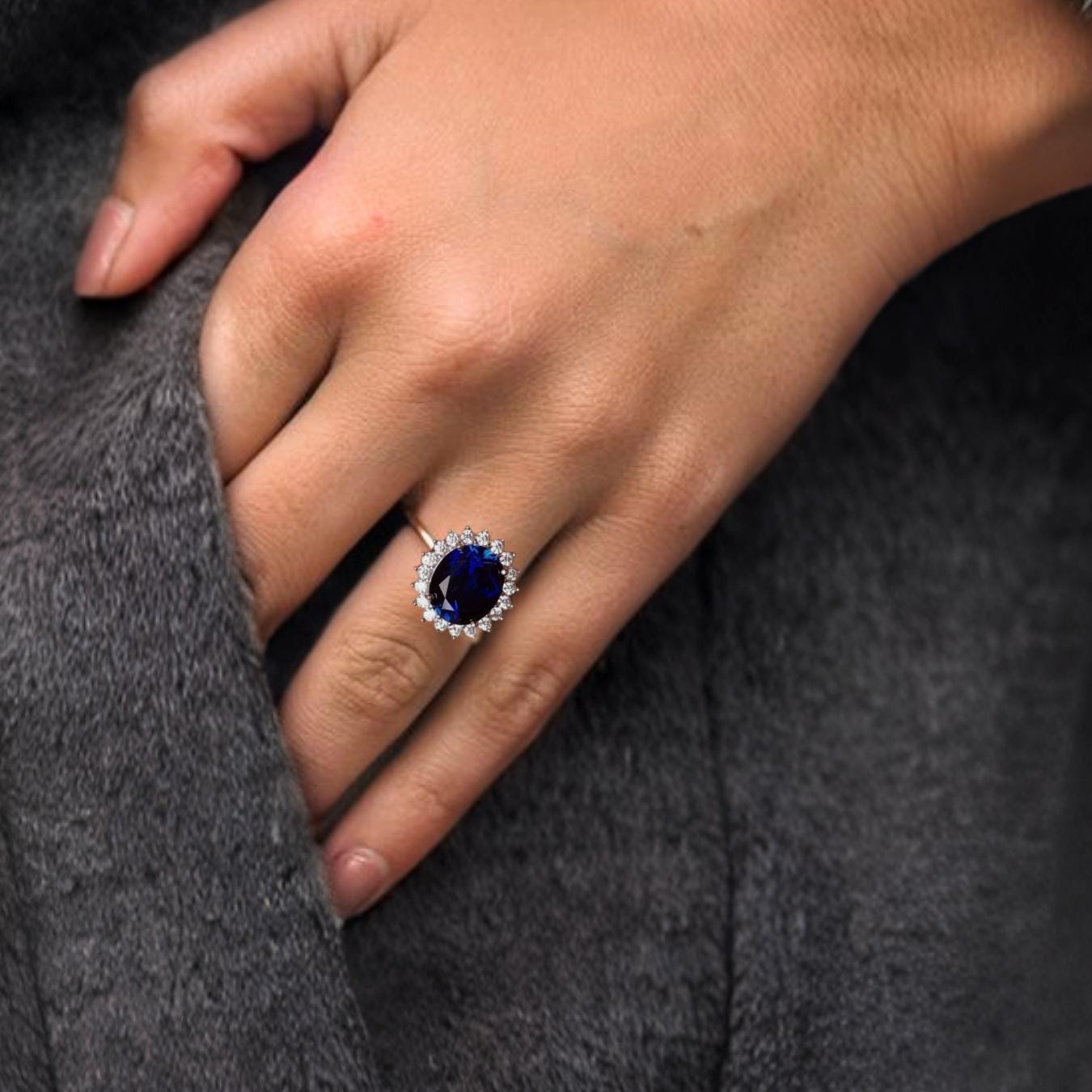 14k Gold Oval Blue Sapphire Engagement Ring : Lab Diamond Halo Bridal Ring