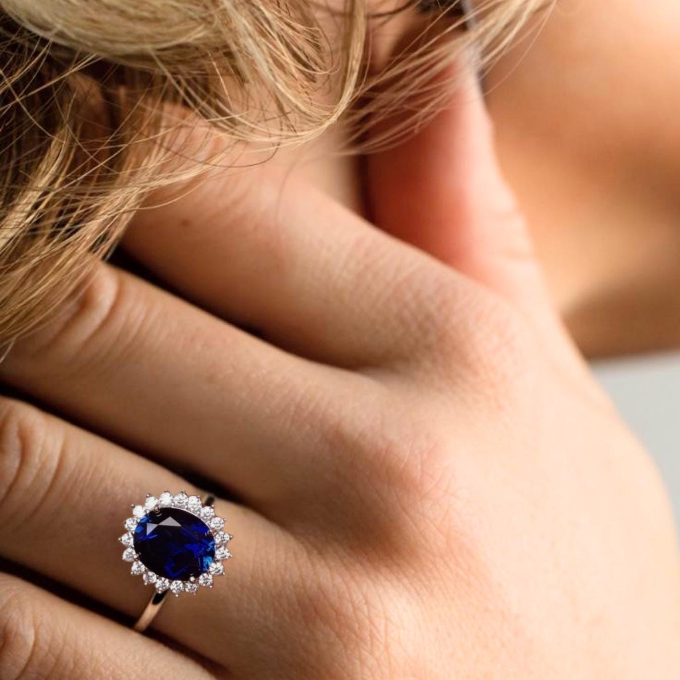 14k Gold Oval Blue Sapphire Engagement Ring : Lab Diamond Halo Bridal Ring
