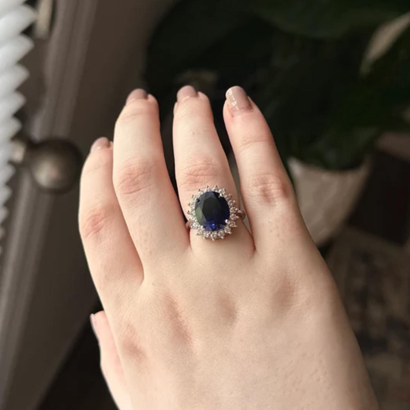 14k Gold Oval Blue Sapphire Engagement Ring : Lab Diamond Halo Bridal Ring