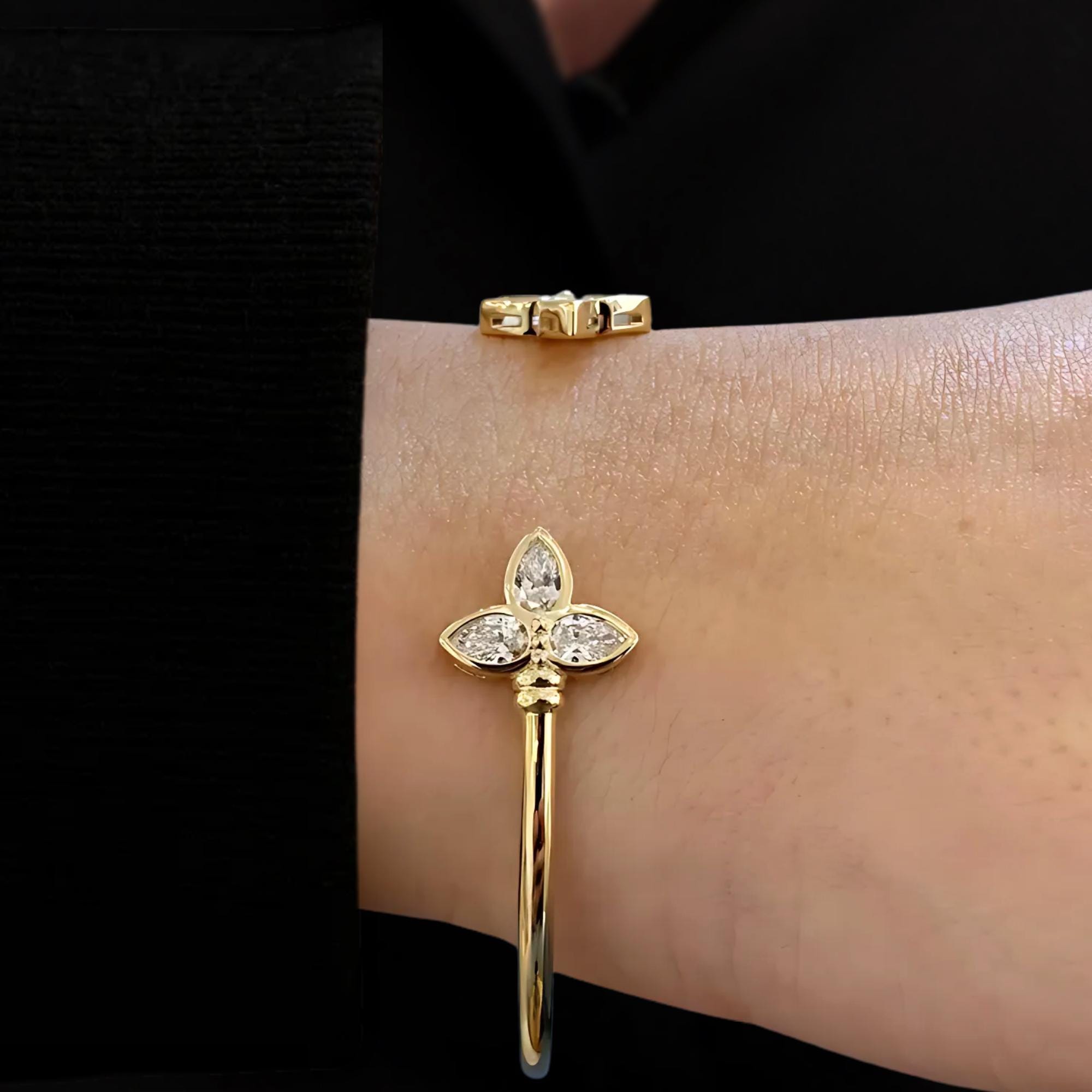 Lab Created Diamond Cuff Style Bangle Bracelet, F/VS1 Pear Cut, 14K Yellow Gold Bezel Set