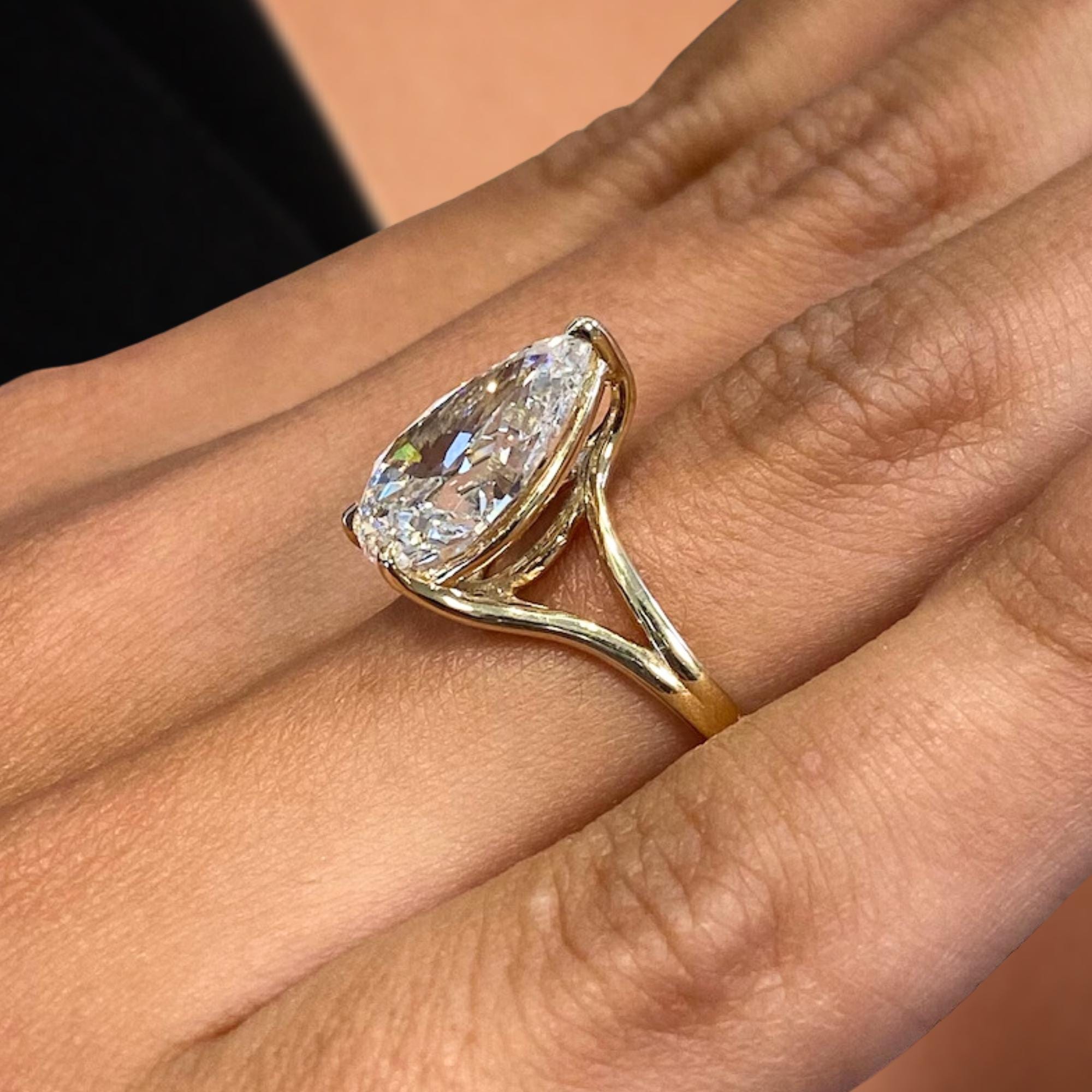 3 Carat Certified Pear Cut Lab Created Diamond Engagement Ring, 14K Yellow Gold Solitaire Ring