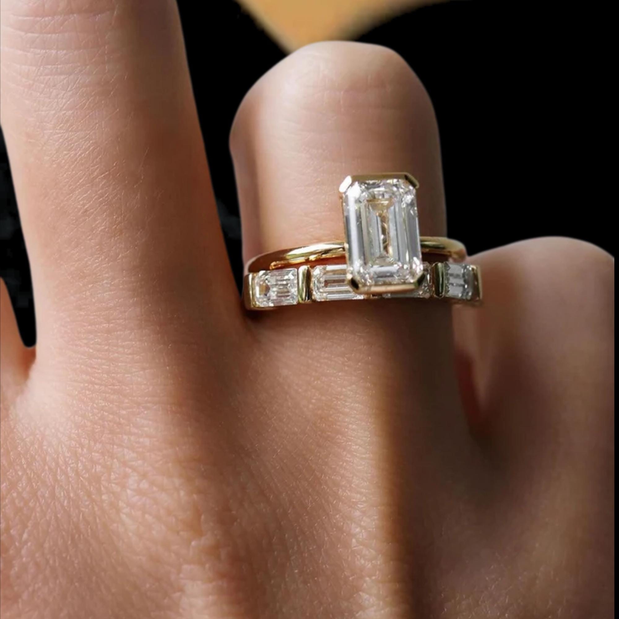 3 Carat Emerald Cut Lab Grown Diamond Engagement Ring | 14K Gold Half Bezel | IGI Certified