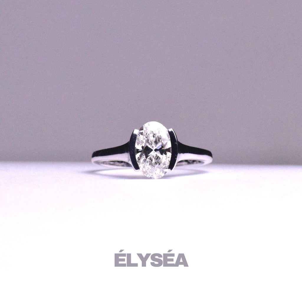 2 Carat Oval Lab Grown Diamond Half Bezel Solitaire Ring / 14K Gold Unique Oval Diamond Ring, Dainty Engagement Ring