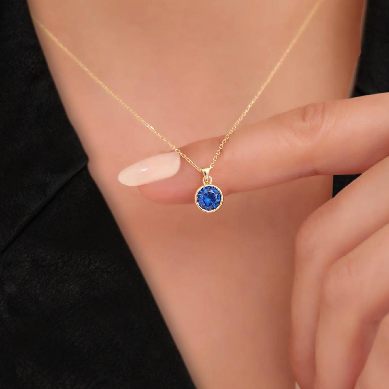 Round Sapphire Bezel Necklace 14K Solid Gold, May Birthstone Charm Pendant, Perfect Gift for mom , Birthdays and Special Occasions