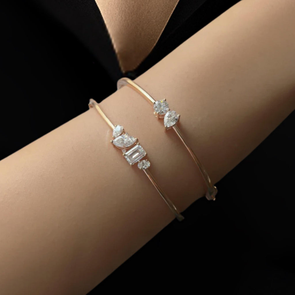 14K Gold Pear & Round Lab Diamond Bangle Bracelet - 1.00 ct