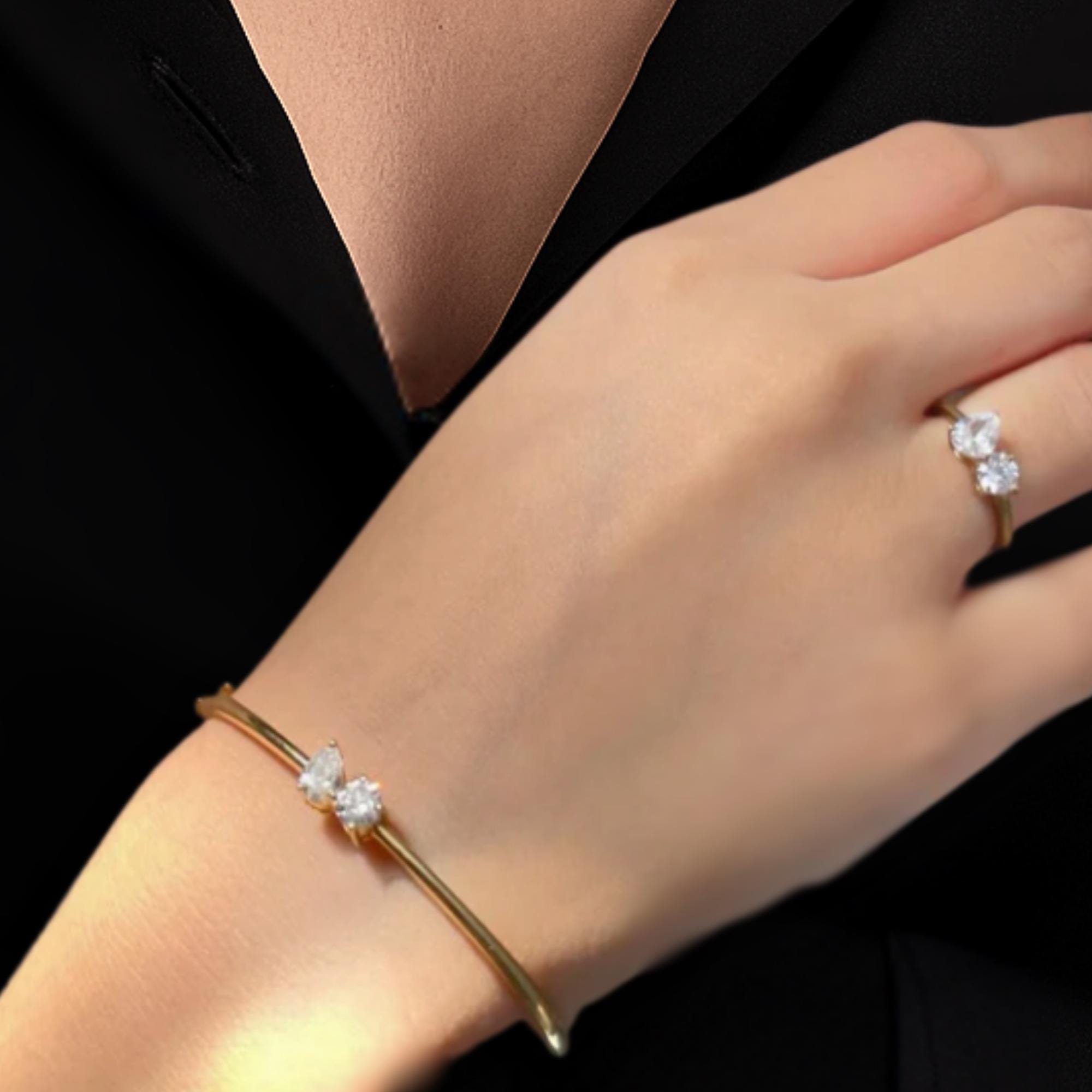14K Gold Pear & Round Lab Diamond Bangle Bracelet - 1.00 ct