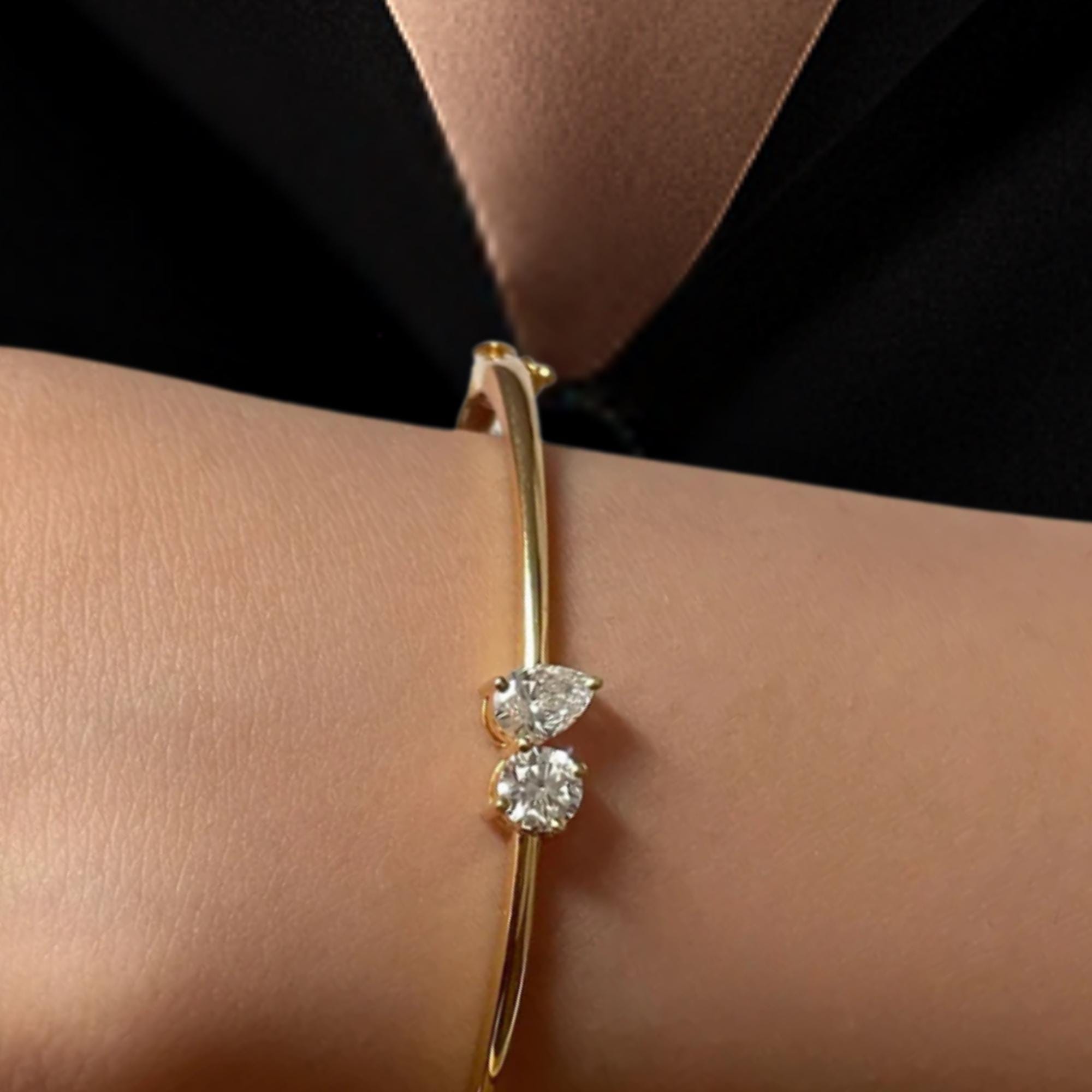 14K Gold Pear & Round Lab Diamond Bangle Bracelet - 1.00 ct