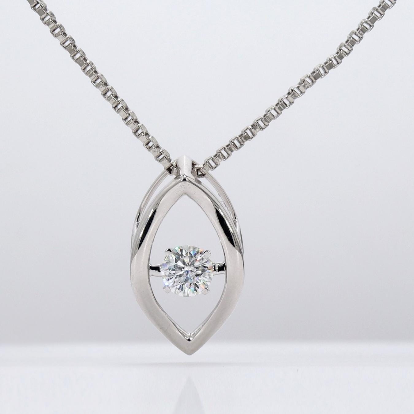 14k Solid Gold Moving Diamond Necklace, Floating Diamond Necklace, Dancing Diamond Marquise Shape Design Pendant Necklace Fine Jewelry Mom