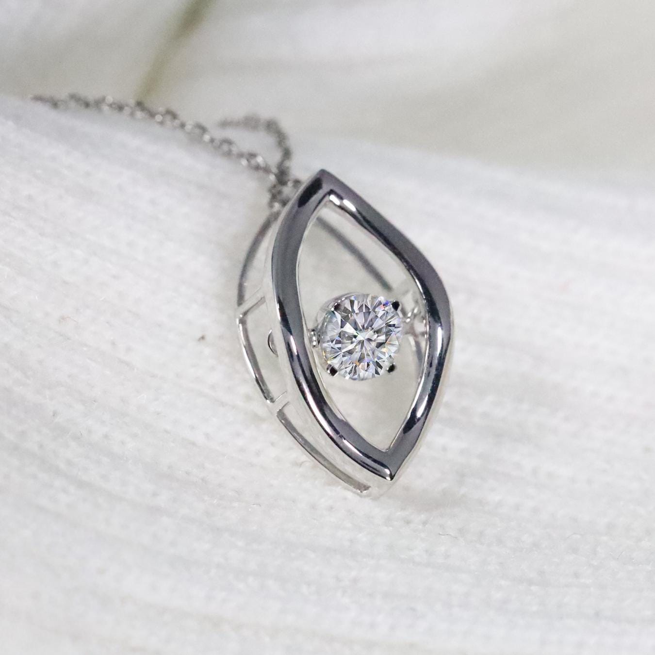 14k Solid Gold Moving Diamond Necklace, Floating Diamond Necklace, Dancing Diamond Marquise Shape Design Pendant Necklace Fine Jewelry Mom