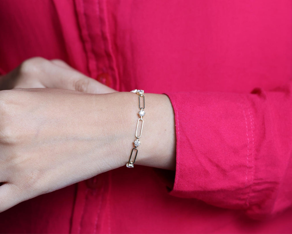Paperclip Diamond Station Bracelet, Lab Grown Diamond Chain Link Jewelry, 10K & 14K Gold, Elegant Stacking Bracelet for Women