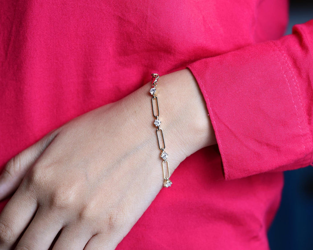 Paperclip Diamond Station Bracelet, Lab Grown Diamond Chain Link Jewelry, 10K & 14K Gold, Elegant Stacking Bracelet for Women