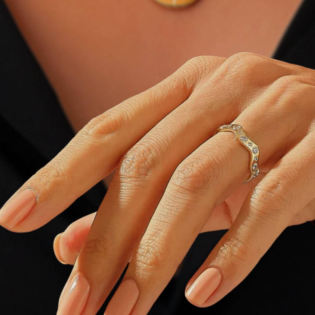 Stacking Gold Ring, 14k Solid Gold Wave Ring, Curved Stacking lab diamond Gold Band, Minimalist Wavy Ring, Modern Fine Jewelry Gift for Her