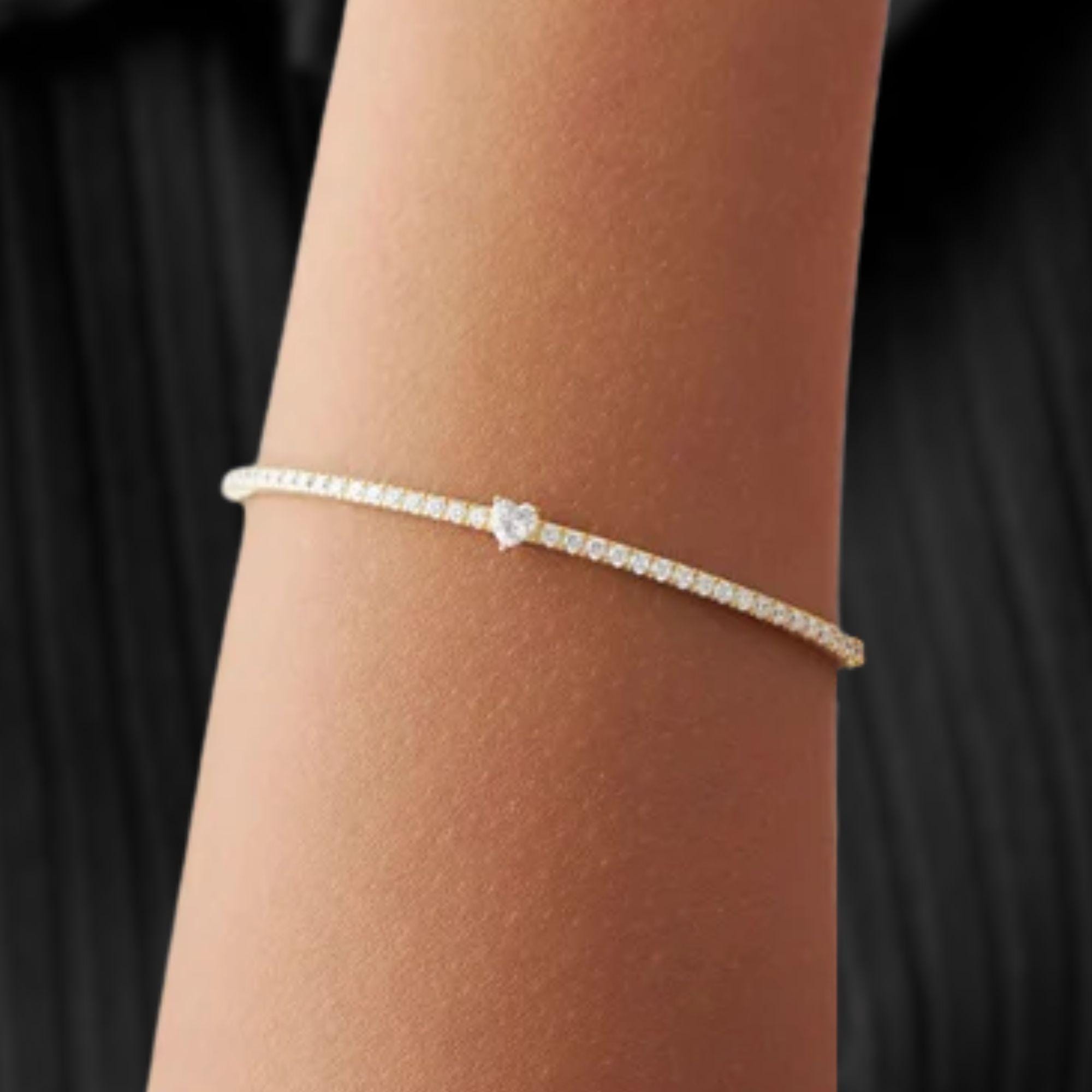 14K Diamond Bangle Bracelet, Heart Diamond Stacking Bracelet, Diamond and Gold Bracelet, Round Pave Diamond Bracelet Bangle, Birthday Gift