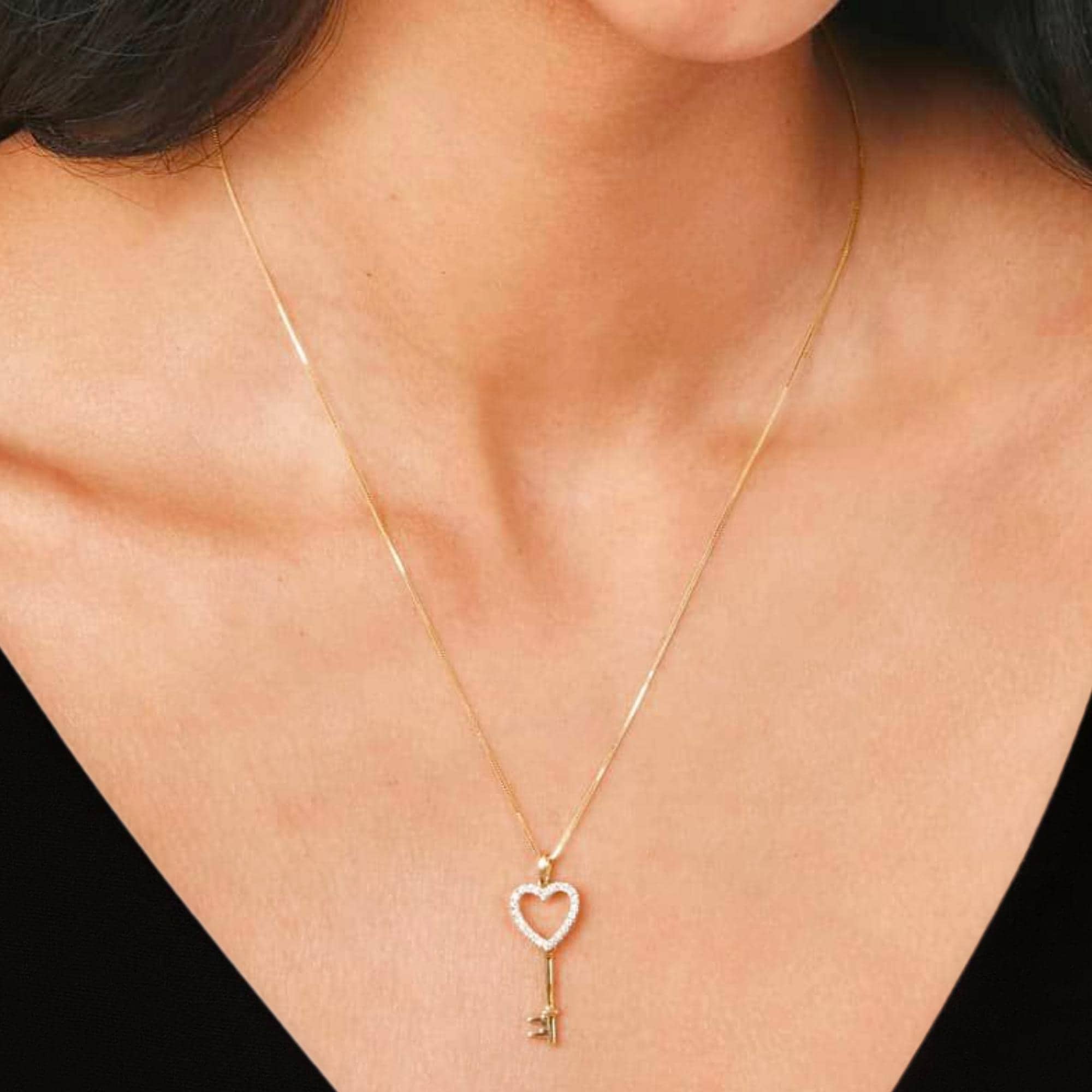 Diamond Heart Key Pendant Necklace in 14k Gold, Modern Heart and Key Charm Sparkling Lab Grown Diamond Heart Key Pendant, Unique Key Pendant