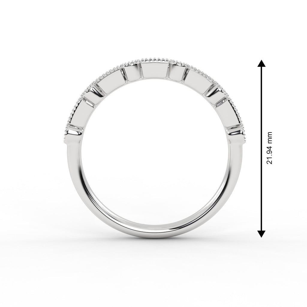14k Gold Baguette & Round Lab Grown Diamond Ring: Milgrain Bezel Half Eternity
